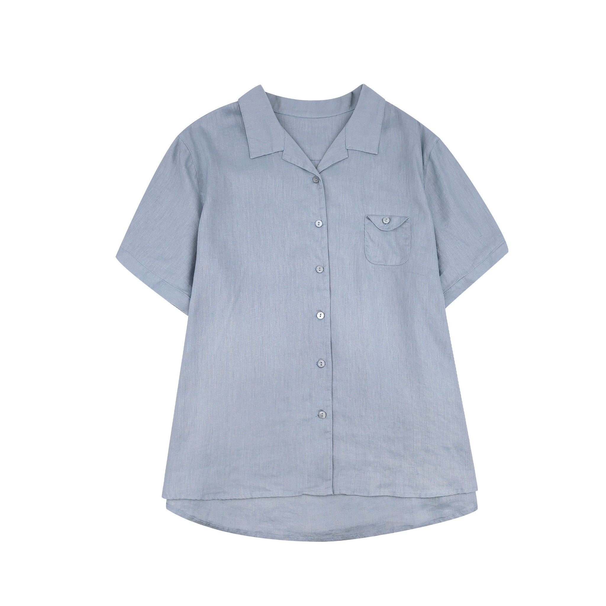 Women’s light blue linen button-up shirt with short sleeves and chest pocket, breathable and loose fit for summer